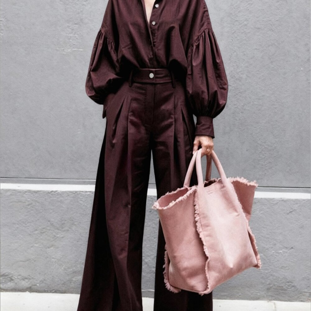 Burgundy Modest Women's Casual Long Sleeve Shirt and Wide Leg Pants Set